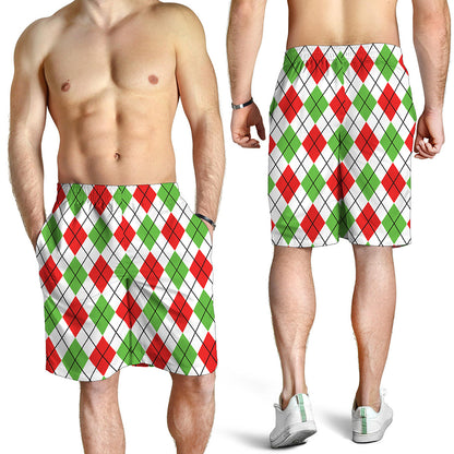 Green Red And White Argyle Pattern Print Men's Shorts