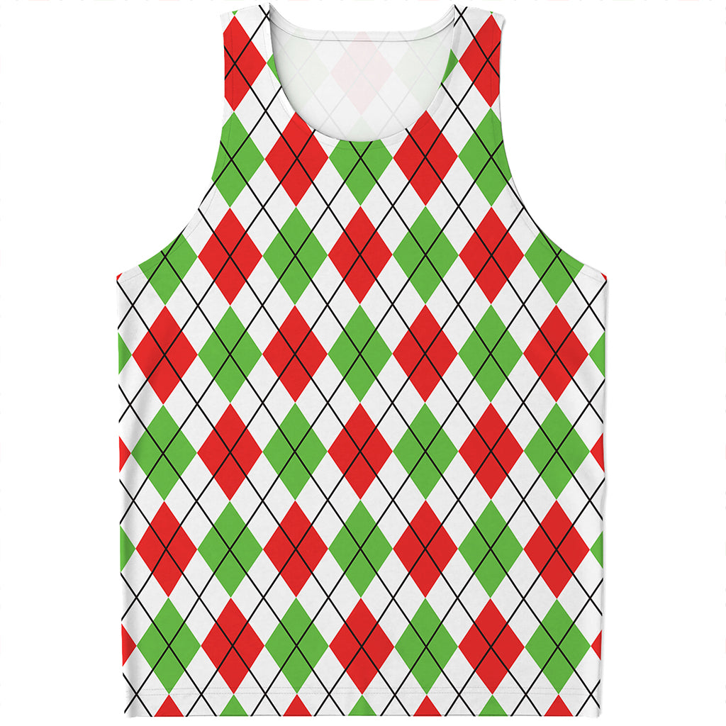 Green Red And White Argyle Pattern Print Men's Tank Top