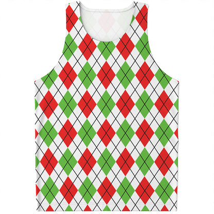 Green Red And White Argyle Pattern Print Men's Tank Top