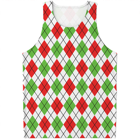 Green Red And White Argyle Pattern Print Men's Tank Top