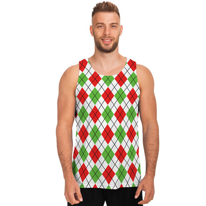 Green Red And White Argyle Pattern Print Men's Tank Top