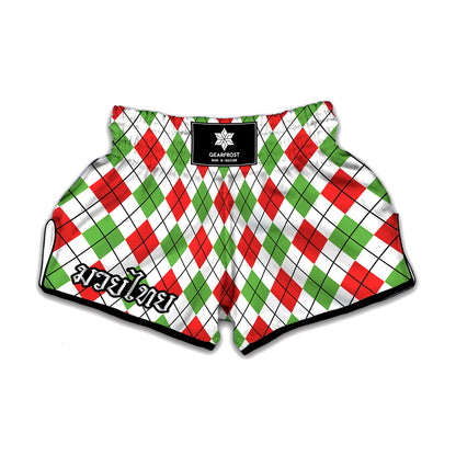 Green Red And White Argyle Pattern Print Muay Thai Boxing Shorts
