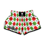 Green Red And White Argyle Pattern Print Muay Thai Boxing Shorts