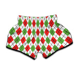 Green Red And White Argyle Pattern Print Muay Thai Boxing Shorts