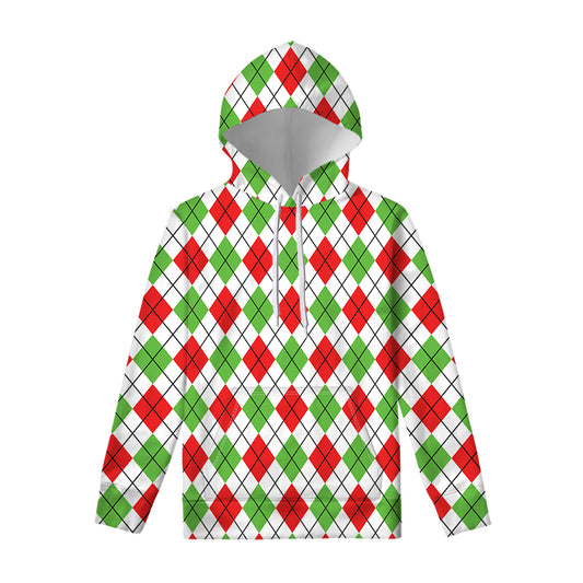 Green Red And White Argyle Pattern Print Pullover Hoodie
