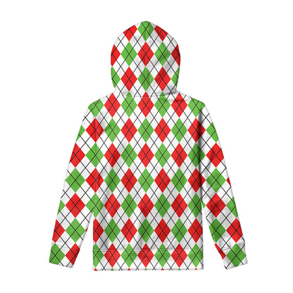 Green Red And White Argyle Pattern Print Pullover Hoodie