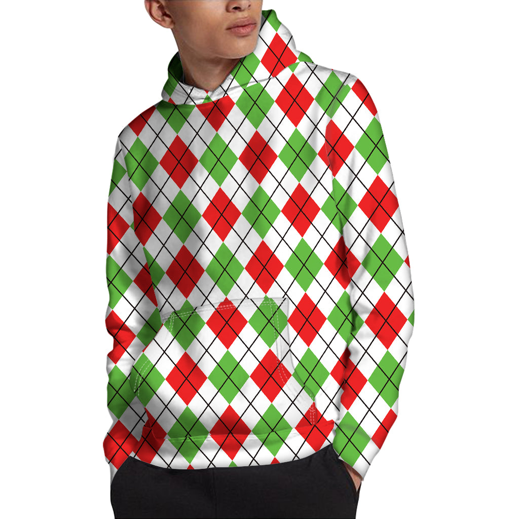 Green Red And White Argyle Pattern Print Pullover Hoodie