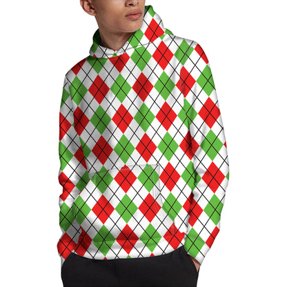 Green Red And White Argyle Pattern Print Pullover Hoodie