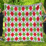 Green Red And White Argyle Pattern Print Quilt
