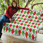 Green Red And White Argyle Pattern Print Quilt
