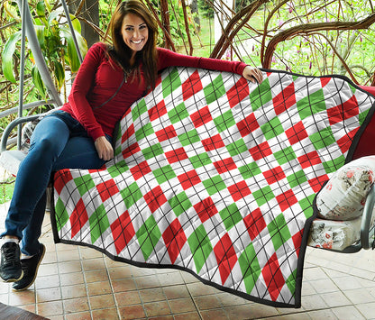 Green Red And White Argyle Pattern Print Quilt