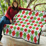 Green Red And White Argyle Pattern Print Quilt