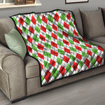 Green Red And White Argyle Pattern Print Quilt