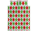 Green Red And White Argyle Pattern Print Quilt Bed Set