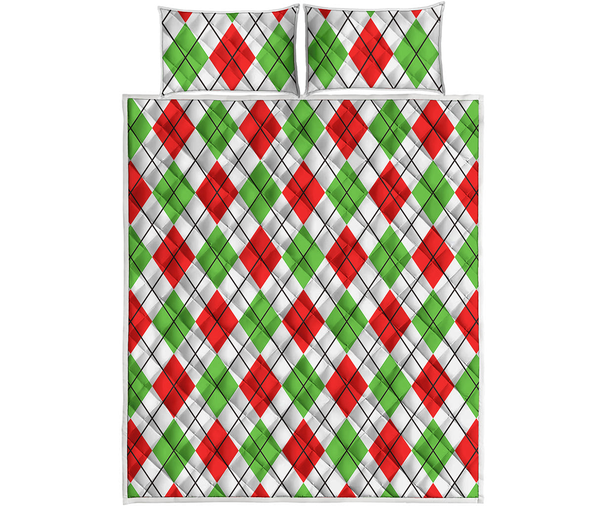 Green Red And White Argyle Pattern Print Quilt Bed Set