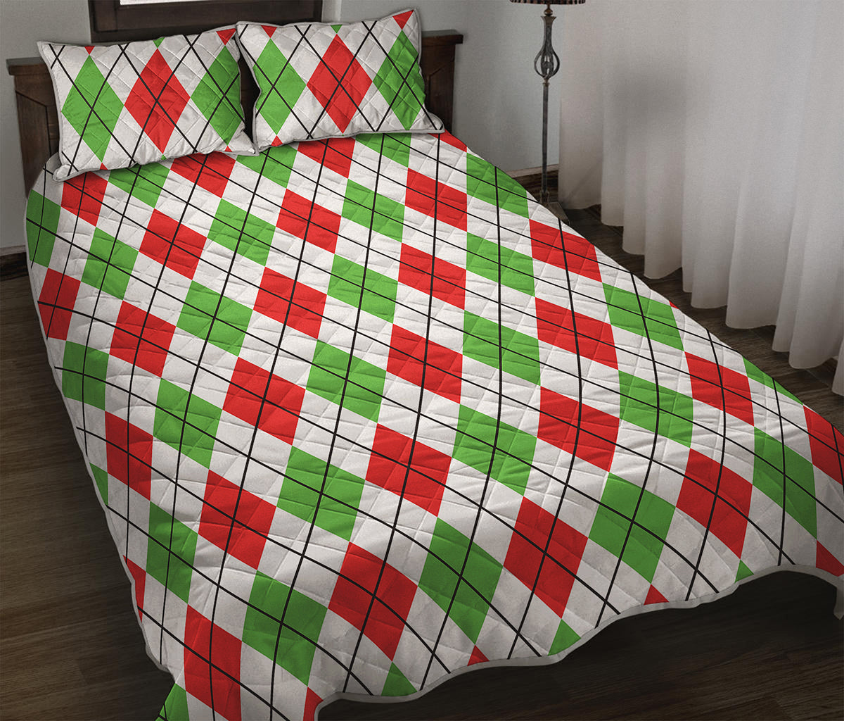 Green Red And White Argyle Pattern Print Quilt Bed Set