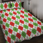 Green Red And White Argyle Pattern Print Quilt Bed Set