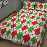 Green Red And White Argyle Pattern Print Quilt Bed Set