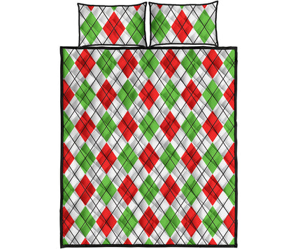 Green Red And White Argyle Pattern Print Quilt Bed Set