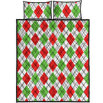 Green Red And White Argyle Pattern Print Quilt Bed Set