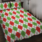 Green Red And White Argyle Pattern Print Quilt Bed Set