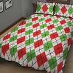 Green Red And White Argyle Pattern Print Quilt Bed Set