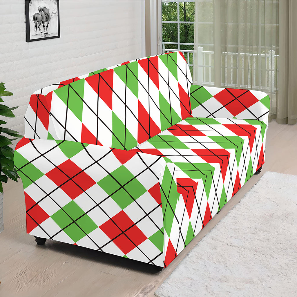 Green Red And White Argyle Pattern Print Sofa Cover