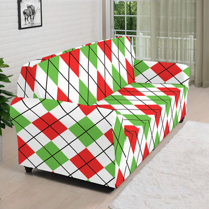 Green Red And White Argyle Pattern Print Sofa Cover