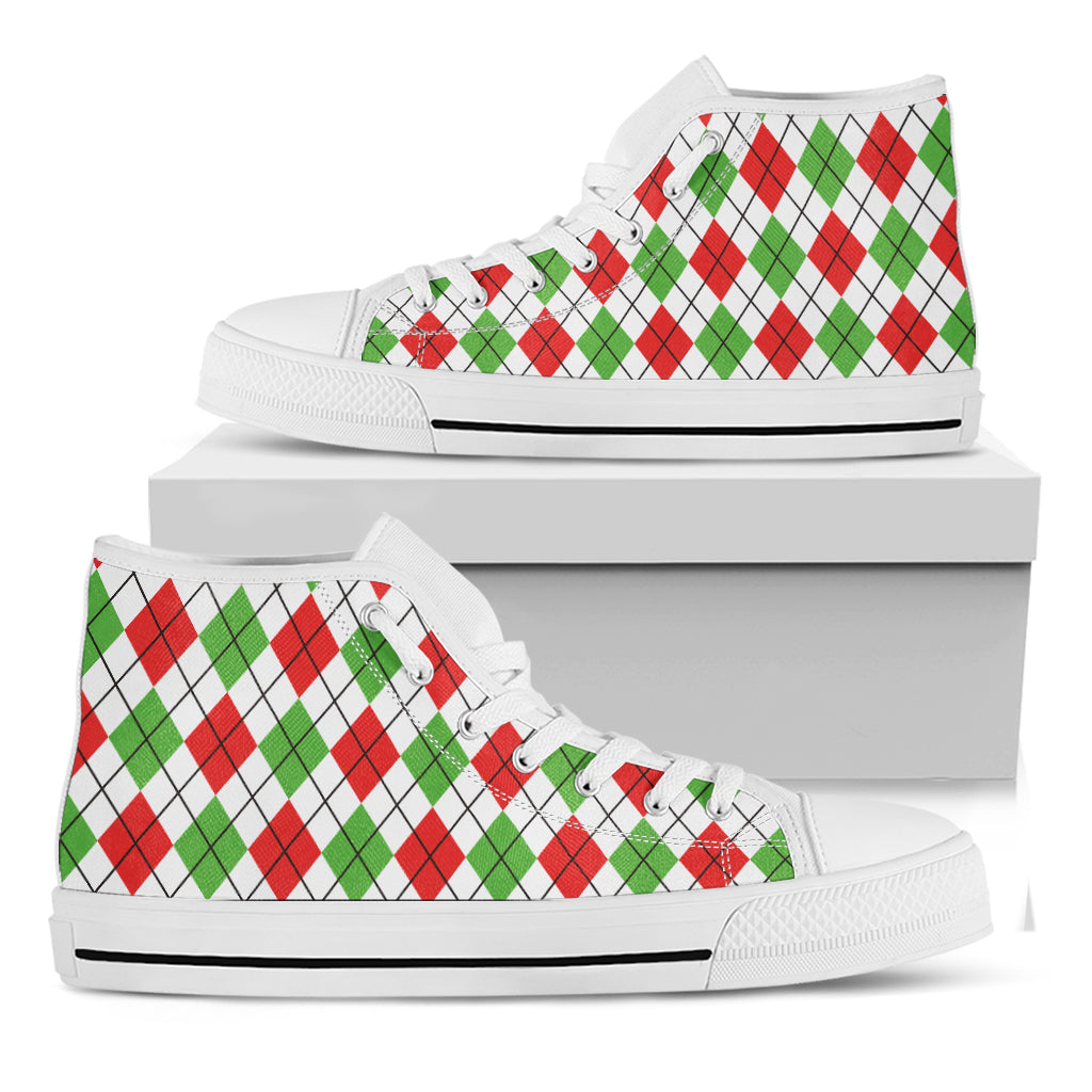Green Red And White Argyle Pattern Print White High Top Shoes