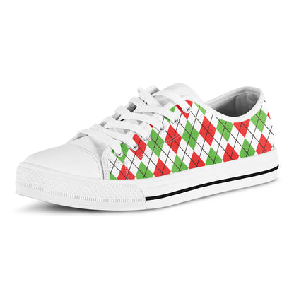 Green Red And White Argyle Pattern Print White Low Top Shoes