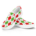 Green Red And White Argyle Pattern Print White Slip On Sneakers