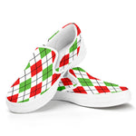 Green Red And White Argyle Pattern Print White Slip On Shoes