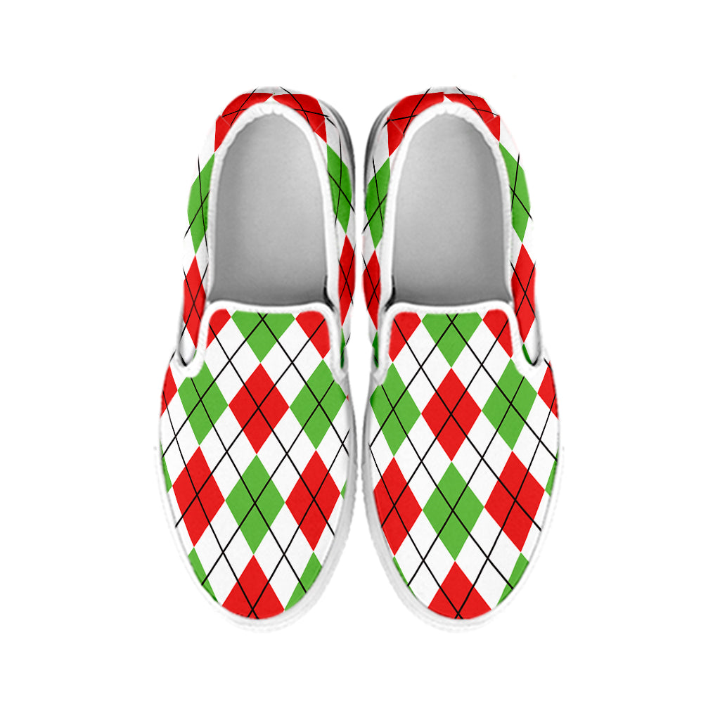Green Red And White Argyle Pattern Print White Slip On Shoes