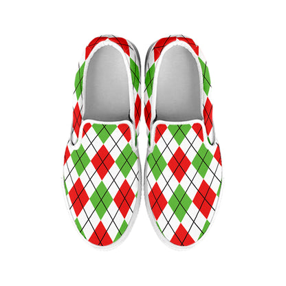 Green Red And White Argyle Pattern Print White Slip On Shoes