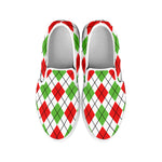 Green Red And White Argyle Pattern Print White Slip On Shoes