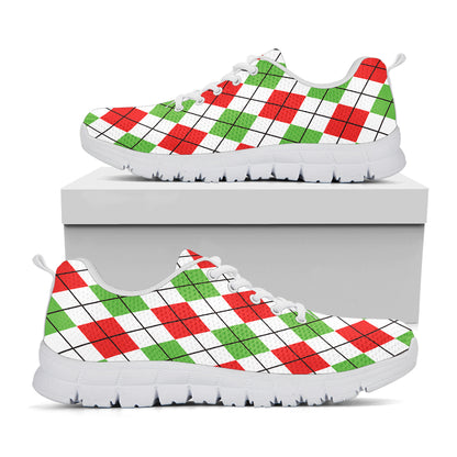 Green Red And White Argyle Pattern Print White Sneakers