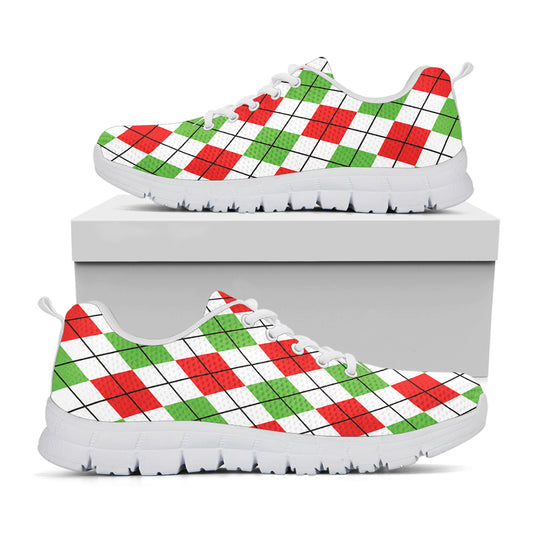 Green Red And White Argyle Pattern Print White Sneakers