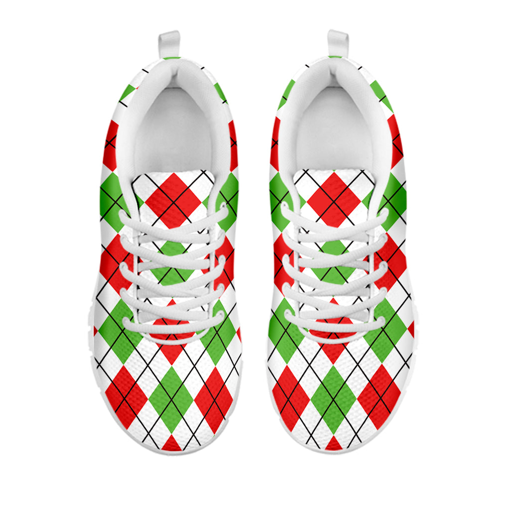 Green Red And White Argyle Pattern Print White Sneakers