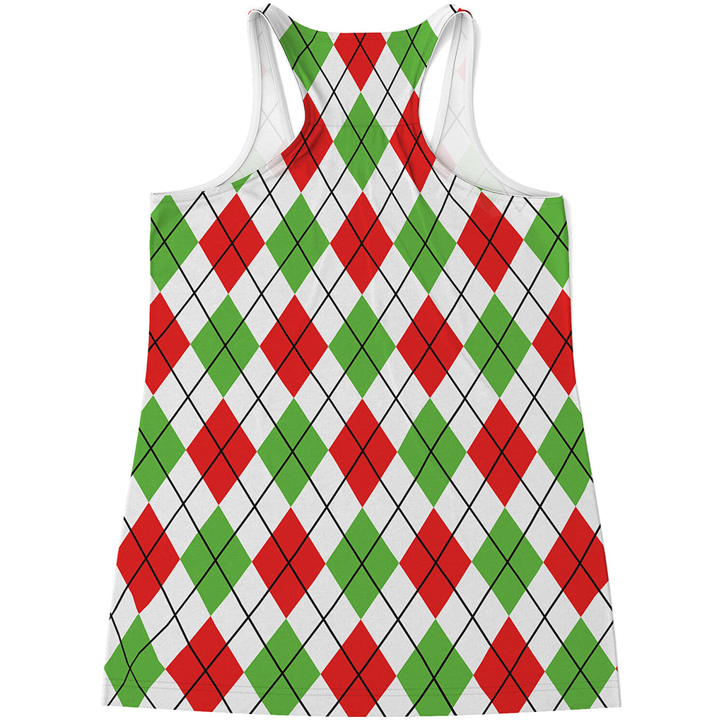 Green Red And White Argyle Pattern Print Women's Racerback Tank Top