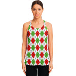 Green Red And White Argyle Pattern Print Women's Racerback Tank Top