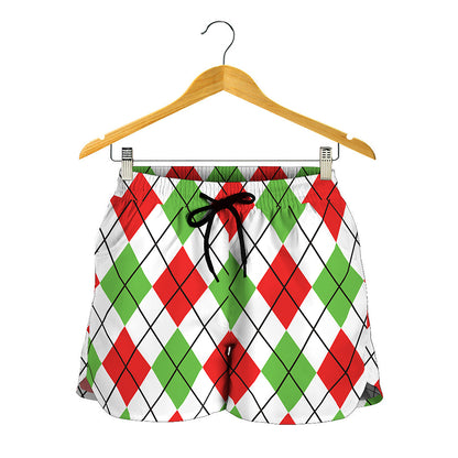 Green Red And White Argyle Pattern Print Women's Shorts