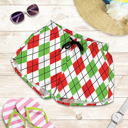 Green Red And White Argyle Pattern Print Women's Shorts