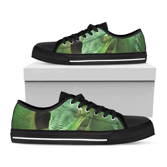 Green Reticulated Python Snake Print Black Low Top Shoes 