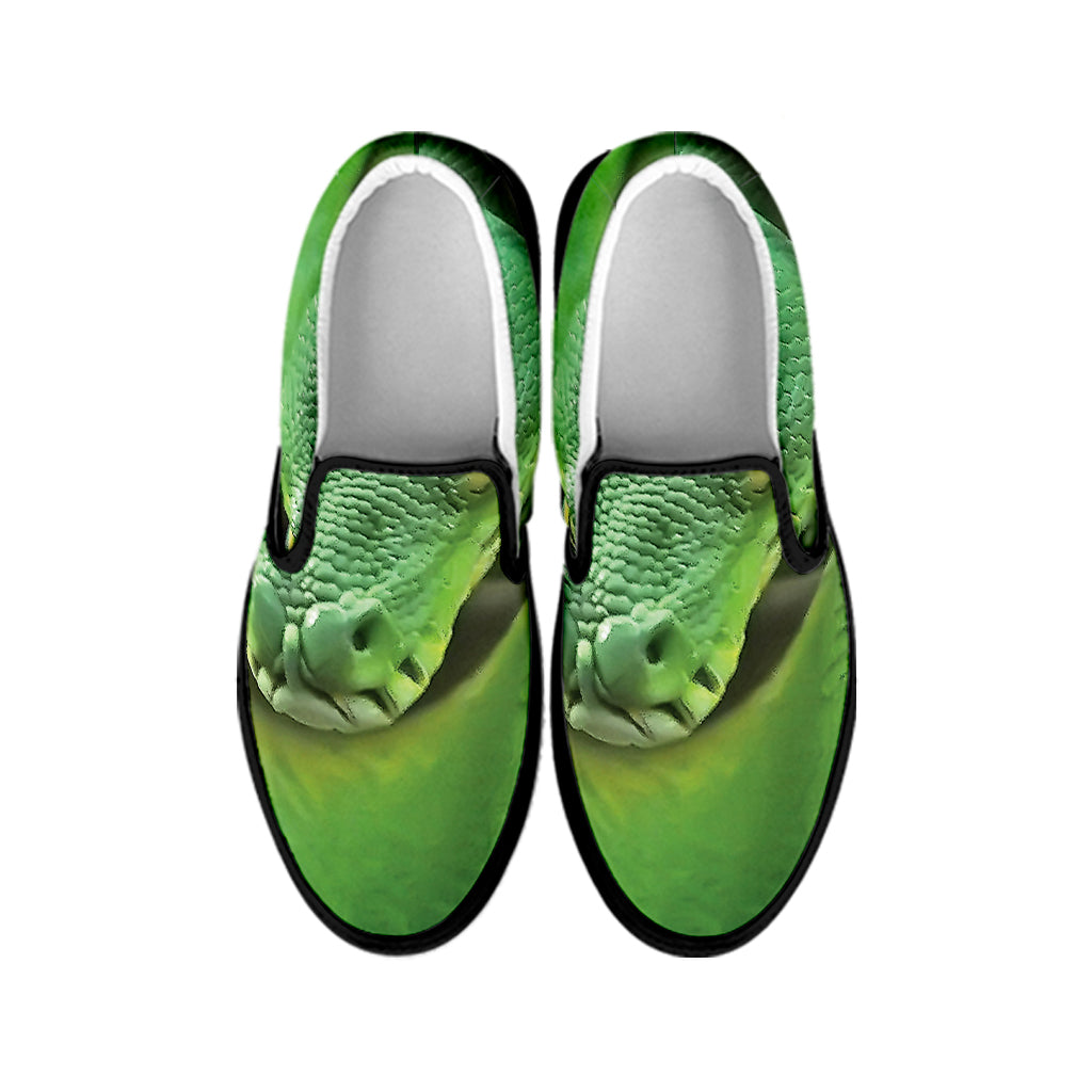 Green Reticulated Python Snake Print Black Slip On Shoes