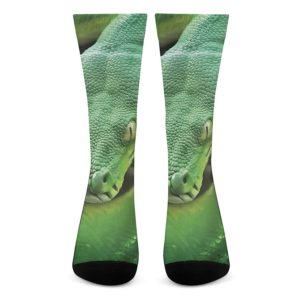 Green Reticulated Python Snake Print Crew Socks
