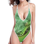 Green Reticulated Python Snake Print High Cut One Piece Swimsuit