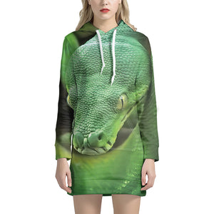 Green Reticulated Python Snake Print Pullover Hoodie Dress