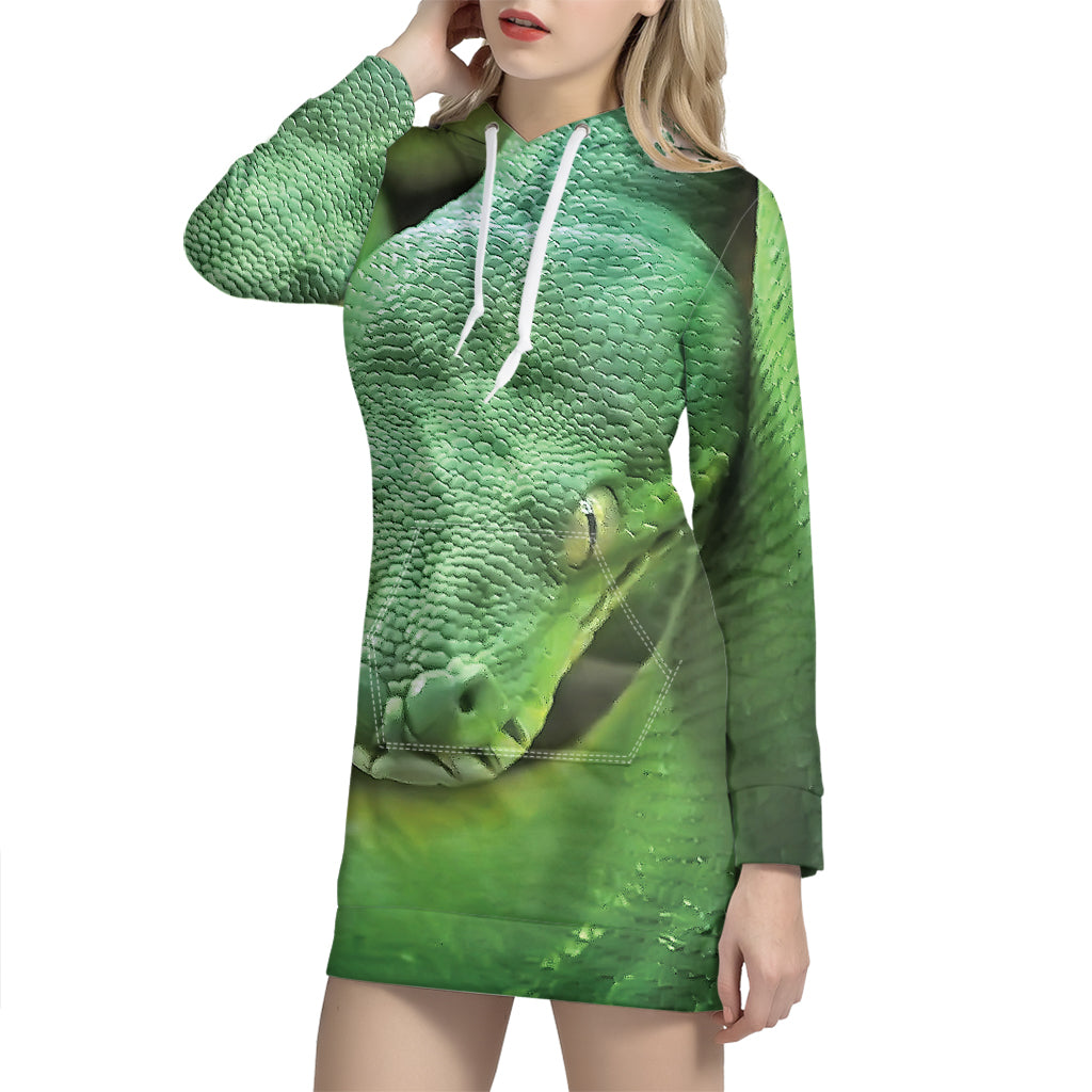 Green Reticulated Python Snake Print Pullover Hoodie Dress