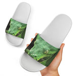Green Reticulated Python Snake Print White Slide Sandals