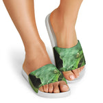 Green Reticulated Python Snake Print White Slide Sandals